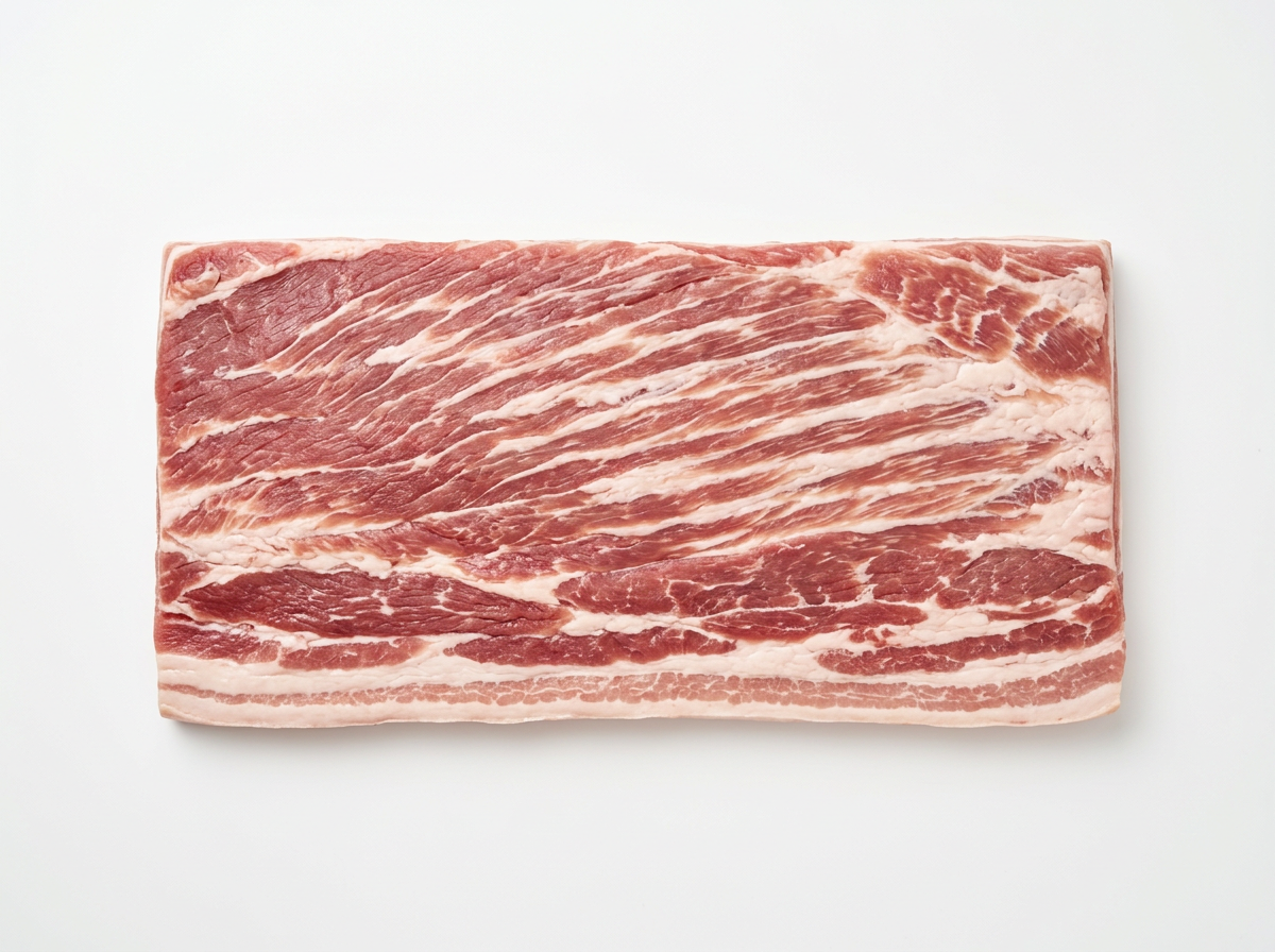 Boneless skinless pork belly sheet top view — uniform export trim from Brazil