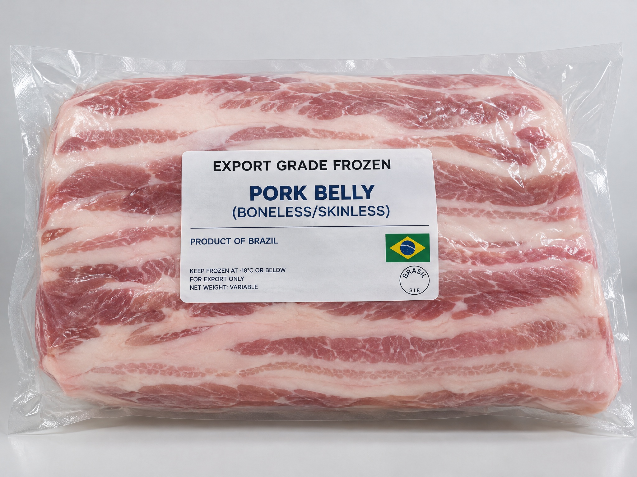Vacuum-sealed boneless skinless pork belly — Product of Brazil, SIF approved export packaging